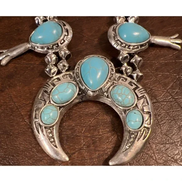 Southwestern Faux Blue Turquoise Squash Blossom Necklace & Earrings Set - Picture 2 of 6